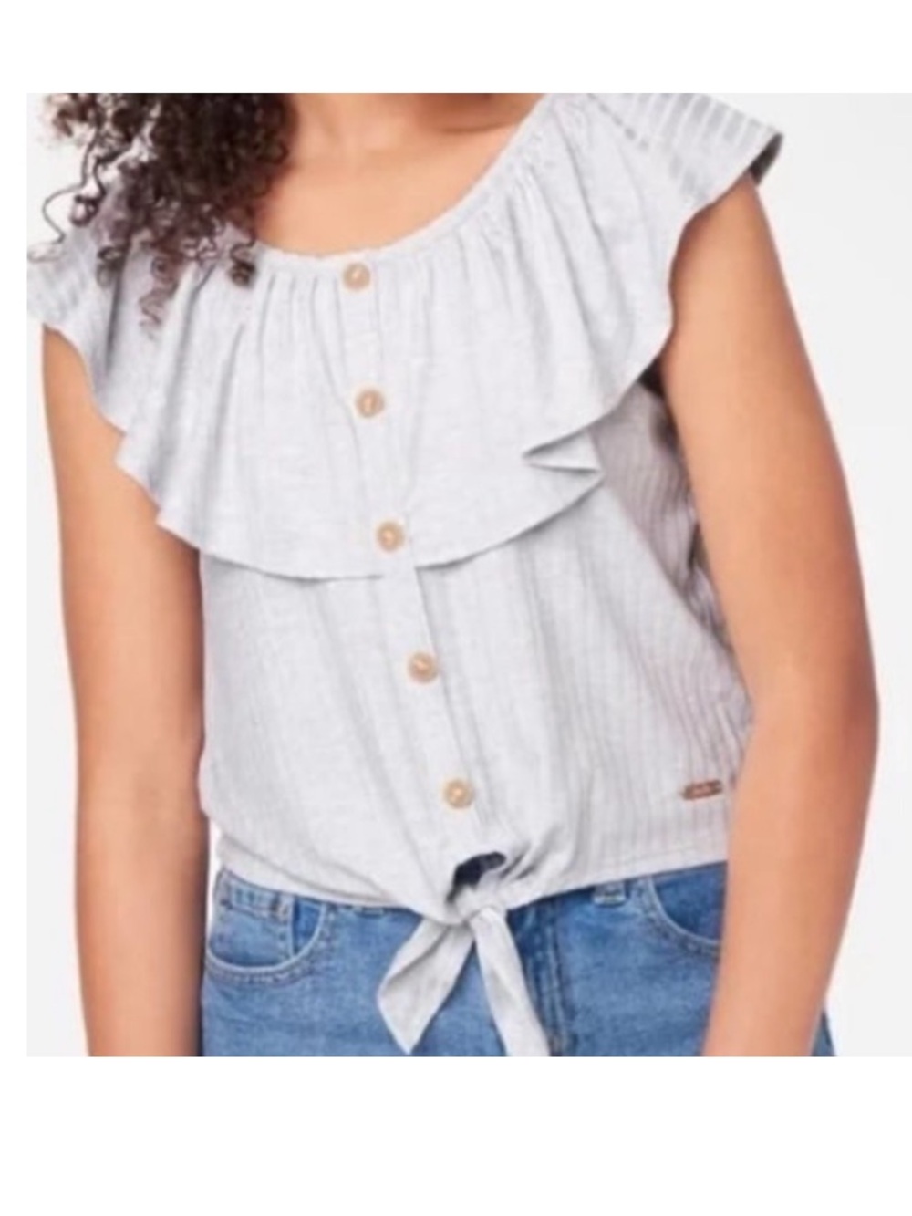 Justice Girls Gray Ruffle Button Front Tie Hem Top Size 7/8 NWT